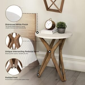LONYKE Pedestal Farmhouse End Table, Distressed Top with Tripod Base Bedside Table for Living Room, Modern, Boho Decor, Round (1 Pack, White & Walnut) - Image 4