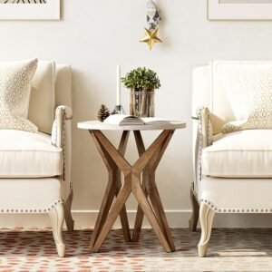 LONYKE Pedestal Farmhouse End Table, Distressed Top with Tripod Base Bedside Table for Living Room, Modern, Boho Decor, Round (1 Pack, White & Walnut) - Image 6