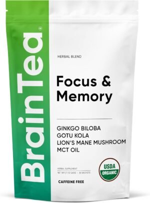 Brain Tea Focus & Memory - Organic Certified 4-in-1 Nootropic Brain Supplement with Ginkgo Biloba, Gotu Kola, Lion’s Mane Mushroom and MCT - Caffeine-Free Herbal Tea for Mental Clarity (30 Sachets) - Image 2