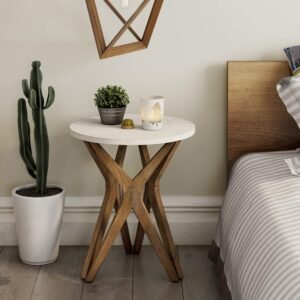 LONYKE Pedestal Farmhouse End Table, Distressed Top with Tripod Base Bedside Table for Living Room, Modern, Boho Decor, Round (1 Pack, White & Walnut) - Image 2
