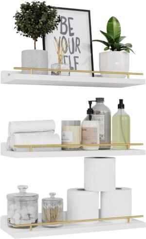 WOPITUES Floating Shelves with Gold Metal Guardrail, Shelves for Wall Decor Set of 3, Wall Shelves for Bedroom, Bathroom, Kitchen, Living Room, Plants, Picture Frames, Art- White and Gold - Image 2