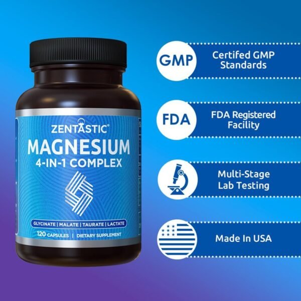 🌿 Zentastic 4-in-1 Magnesium Complex - Chelated Magnesium Glycinate, Malate, Taurate & Lactate - High Absorption for Nerves, Immune, Bones, Muscles - Magnesium Supplement - 120 Magnesium Capsules – Immunity, Bone & Wellness Support - Image 8