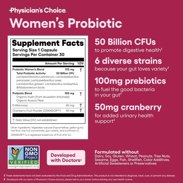 🌿 Physician's CHOICE Probiotics for Women - PH Balance, Digestive, UT, & Feminine Health - 50 Billion CFU - 6 Unique Strains for Her - Organic Prebiotics, Cranberry Extract+ - Women Probiotic - 30 CT – Immunity, Bone & Wellness Support - Image 6