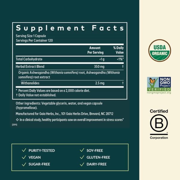 🌿 Gaia Herbs Ashwagandha Root - Stress Relief & Immune Support Supplement - Supports Balanced Energy Levels and Positive Outlook - 120 Vegan Liquid Phyto Capsules (1 Pack) – Immunity, Bone & Wellness Support - Image 3
