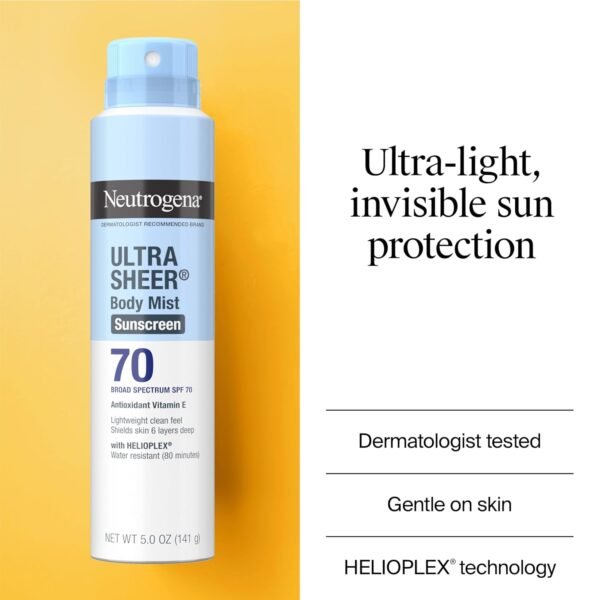 🌿 Neutrogena Ultra Sheer Body Mist Sunscreen Spray, Broad Spectrum SPF 70, Lightweight Spray Sunscreen, Non-Greasy & Water Resistant, Oil-Free & Non-Comedogenic UVA/UVB, 5 oz, Pack of 3 – Immunity, Bone & Wellness Support - Image 3