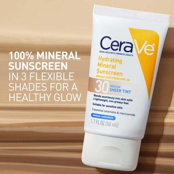 🌿 CeraVe Hydrating Mineral Sunscreen SPF 30 with Sheer Tint, Tinted Mineral Sunscreen with Zinc Oxide & Titanium Dioxide, Blends Seamlessly For Healthy Glow, Medium, 1.7 Fluid Ounce – Immunity, Bone & Wellness Support - Image 3