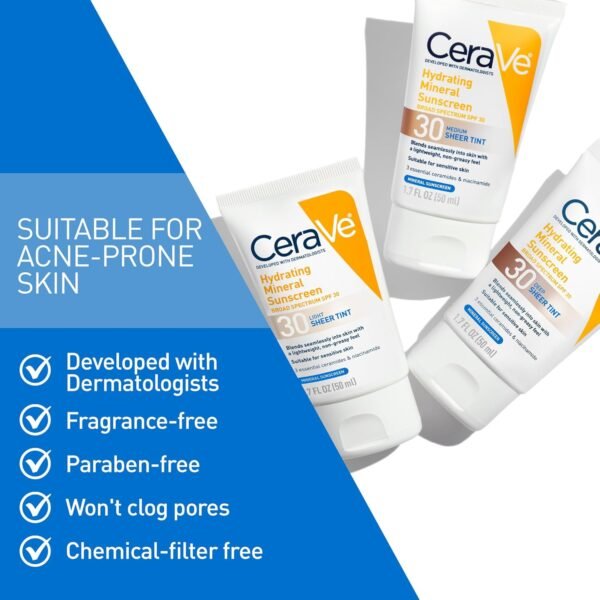 🌿 CeraVe Hydrating Mineral Sunscreen SPF 30 with Sheer Tint, Tinted Mineral Sunscreen with Zinc Oxide & Titanium Dioxide, Blends Seamlessly For Healthy Glow, Medium, 1.7 Fluid Ounce – Immunity, Bone & Wellness Support - Image 5