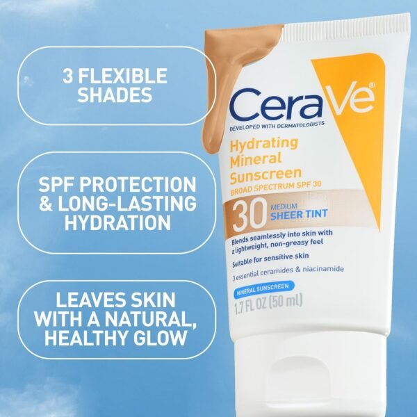 🌿 CeraVe Hydrating Mineral Sunscreen SPF 30 with Sheer Tint, Tinted Mineral Sunscreen with Zinc Oxide & Titanium Dioxide, Blends Seamlessly For Healthy Glow, Medium, 1.7 Fluid Ounce – Immunity, Bone & Wellness Support - Image 6