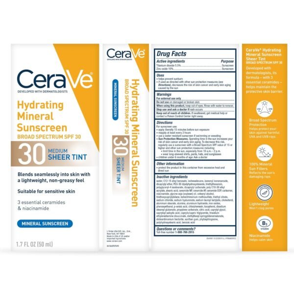 🌿 CeraVe Hydrating Mineral Sunscreen SPF 30 with Sheer Tint, Tinted Mineral Sunscreen with Zinc Oxide & Titanium Dioxide, Blends Seamlessly For Healthy Glow, Medium, 1.7 Fluid Ounce – Immunity, Bone & Wellness Support - Image 9