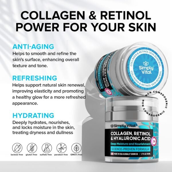 🌿 SimplyVital Collagen, Retinol & Hyaluronic Acid Cream - Anti-Aging Face Moisturizer for Face, Firming Skin Care Neck & Décolleté - Made in USA, Daily Moisturizer Face Cream Day & Night - 1.7 fl.oz. – Immunity, Bone & Wellness Support - Image 3