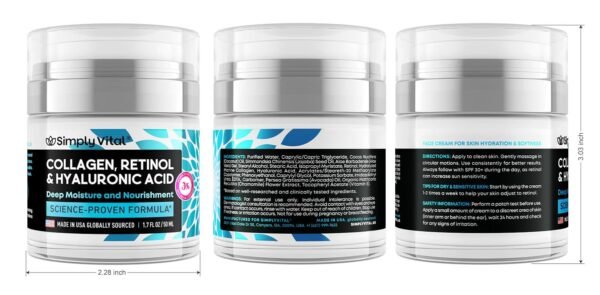 🌿 SimplyVital Collagen, Retinol & Hyaluronic Acid Cream - Anti-Aging Face Moisturizer for Face, Firming Skin Care Neck & Décolleté - Made in USA, Daily Moisturizer Face Cream Day & Night - 1.7 fl.oz. – Immunity, Bone & Wellness Support - Image 9