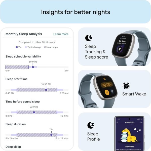 🌿 Fitbit Versa 4 Fitness Smartwatch with Daily Readiness, GPS, 24/7 Heart Rate, 40+ Exercise Modes, Sleep Tracking and more, Waterfall Blue/Platinum, One Size (S & L Bands Included) – Immunity, Bone & Wellness Support - Image 3