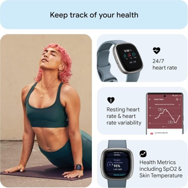 🌿 Fitbit Versa 4 Fitness Smartwatch with Daily Readiness, GPS, 24/7 Heart Rate, 40+ Exercise Modes, Sleep Tracking and more, Waterfall Blue/Platinum, One Size (S & L Bands Included) – Immunity, Bone & Wellness Support - Image 4