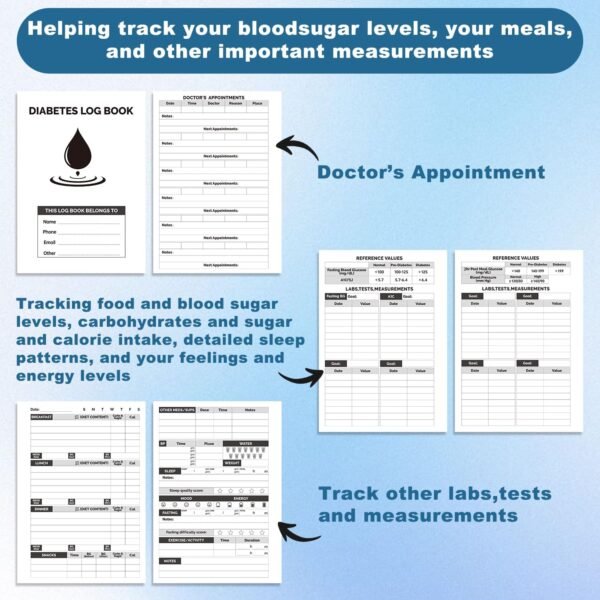 🌿 B5 Diabetes Log Book (6.9" x 9.8") – Comprehensive Blood Sugar & Health Tracker | Track Glucose, Carbs, Calories, Medications, Water Intake, Fasting, Blood Pressure & Sleep | 248 Pages, Spiral-Bound – Immunity, Bone & Wellness Support - Image 4