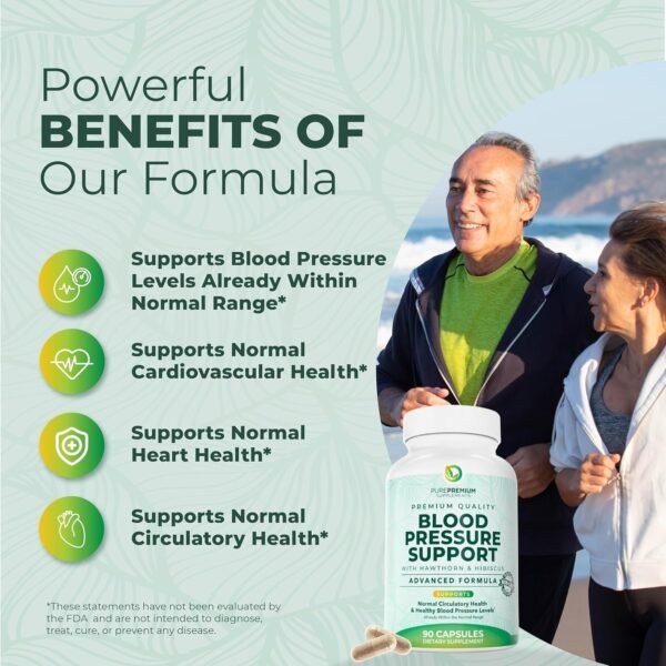 🌿 PurePremium Blood Pressure Supplements with Hawthorn Berry, Hibiscus, Garlic & Vitamin B12- Nitric Oxide Supplement for Normal Heart Health, Circulation Health & Blood Pressure Support - 90ct – Immunity, Bone & Wellness Support - Image 3