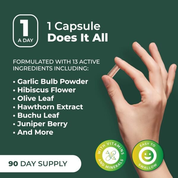 🌿 PurePremium Blood Pressure Supplements with Hawthorn Berry, Hibiscus, Garlic & Vitamin B12- Nitric Oxide Supplement for Normal Heart Health, Circulation Health & Blood Pressure Support - 90ct – Immunity, Bone & Wellness Support - Image 7