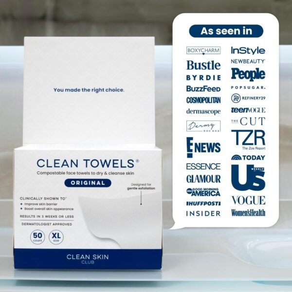 Clean Skin Club Clean Towels XL™, 100% USDA Biobased Face Towel, Disposable Face Towelette, Eczema Association Accepted, Makeup Remover Dry Wipes, Ultra Soft, 50 Ct, 1 Pack - Image 11