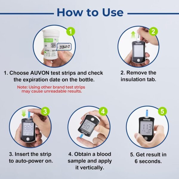 AUVON Blood Glucose Monitor Kit for Accurate Test, Diabetes Testing Kit with 100 Glucometer Strips, 100 30G Lancets and Lancing Devices, DS-W Portable Sugar Test Kit, No Coding - Image 7