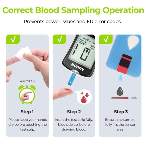 AUVON Blood Glucose Monitor Kit for Accurate Test, Diabetes Testing Kit with 100 Glucometer Strips, 100 30G Lancets and Lancing Devices, DS-W Portable Sugar Test Kit, No Coding - Image 8