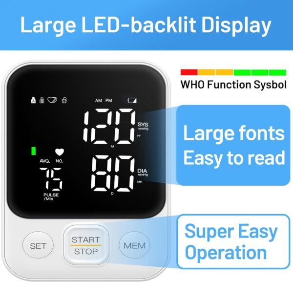 Blood Pressure Monitor Upper Arm Machine Accurate Adjustable Manual BP Cuff Kit Led Backlit Display 2 Users 240 Sets Memory Includes Storage Bag White - Image 3