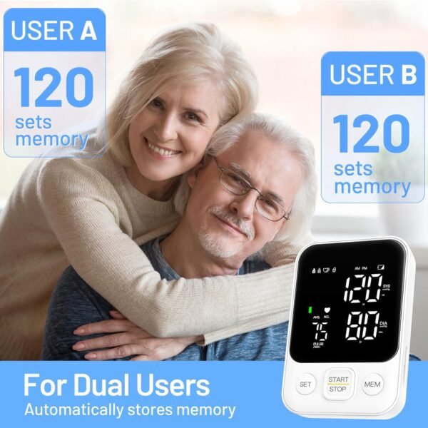 Blood Pressure Monitor Upper Arm Machine Accurate Adjustable Manual BP Cuff Kit Led Backlit Display 2 Users 240 Sets Memory Includes Storage Bag White - Image 6