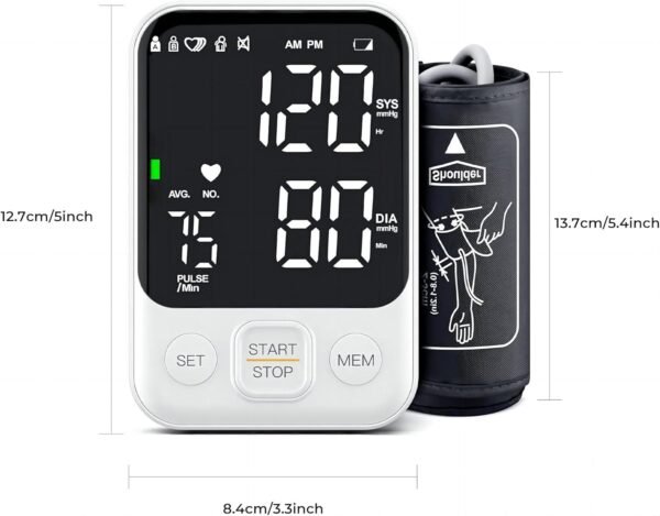 Blood Pressure Monitor Upper Arm Machine Accurate Adjustable Manual BP Cuff Kit Led Backlit Display 2 Users 240 Sets Memory Includes Storage Bag White - Image 8