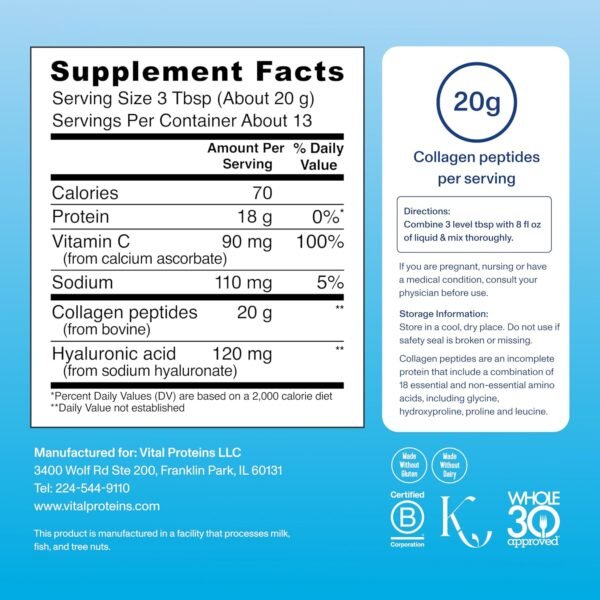 Vital Proteins Collagen Peptides Powder Advanced with Hyaluronic Acid & Vitamin C, Collagen Supplements, Unflavored, 13 Servings - Image 4