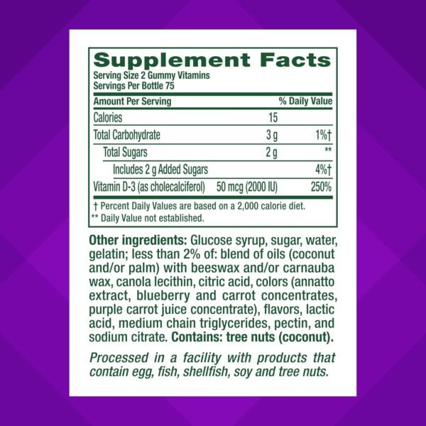 vitafusion Vitamin D3 Gummies, Bone and Immune Support, Peach, Blackberry, Strawberry Flavored, 50 mcg D3 Gummy Vitamin Supplement, 75 Day Supply, 150 Count - Image 4