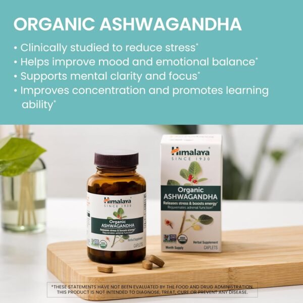 Himalaya Organic Ashwagandha, 60 Day Supply, Herbal Supplement for Stress Relief, Energy, Occasional Sleeplessness, Additive Free, Organic, Non-GMO, Vegan, Gluten Free, 670 mg, 60 Caplets - Image 3