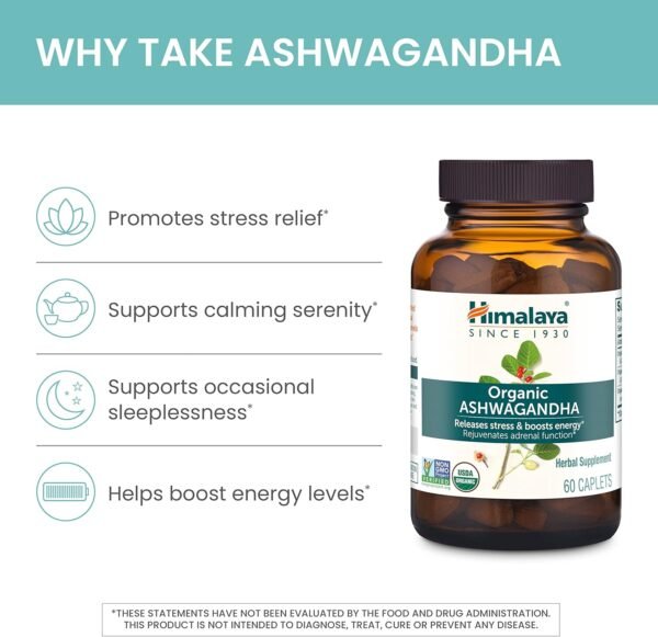 Himalaya Organic Ashwagandha, 60 Day Supply, Herbal Supplement for Stress Relief, Energy, Occasional Sleeplessness, Additive Free, Organic, Non-GMO, Vegan, Gluten Free, 670 mg, 60 Caplets - Image 4