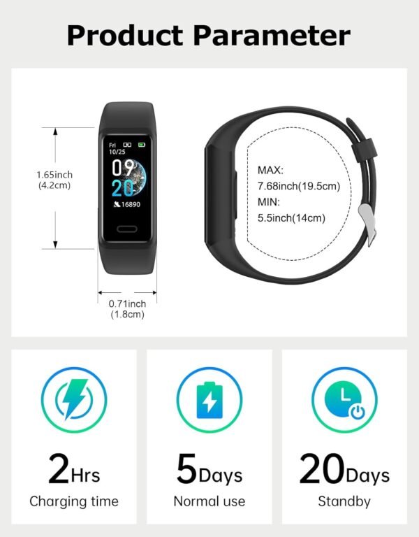 Fitness Tracker, Fitness Watches for Women Men Pedometer Watch with 24/7 Heart Rate Monitor Sleep Tracker Step/Calorie Counter Stopwatch IP68 Waterproof Activity Trackers (Dark Black) - Image 7