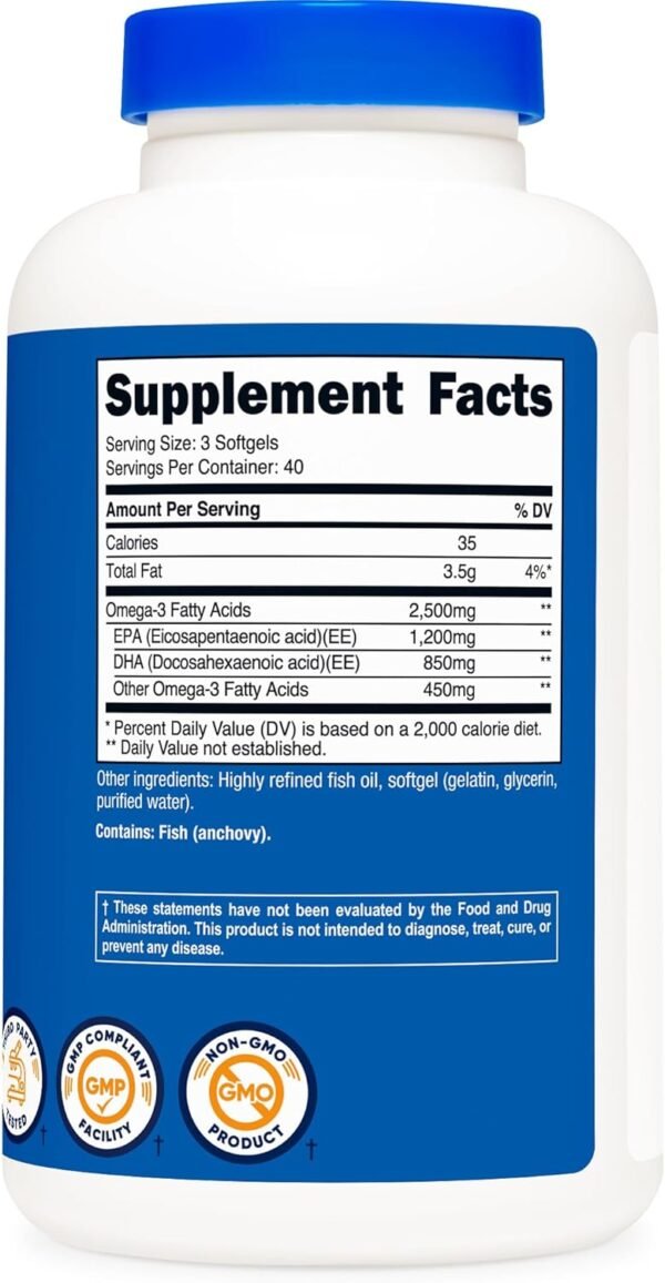 Nutricost Omega 3 Fish Oil - 2500MG, 120 Softgels (40 Serv) - Fish Oil, Wild Caught! 1200mg EPA 850mg DHA - Non-GMO, Gluten Free - Image 5