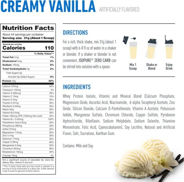 Isopure Zero Carb 100% Pure Whey Isolate Protein Powder, Lactose Free, Gluten Free, With Vitamins, Creamy Vanilla, 25g Protein Per Serving, 3 Lbs, 44 Servings (Packaging May Vary) - Image 4