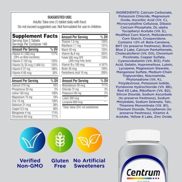 Centrum Silver Men's 50+ Multivitamin with Vitamin D3, B-Vitamins, Zinc for Memory and Cognition - 200 Tablets - Image 8