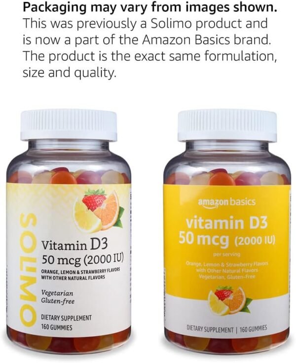 Amazon Basics Vitamin D3 2000 IU Gummies, Orange, Lemon & Strawberry, 160 Count (2 per Serving) (Previously Solimo) - Image 3