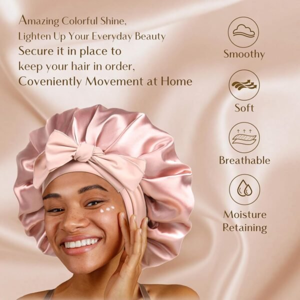 YANIBEST Silk Bonnet for Sleeping Women Satin Bonnet Double Layer Satin Lined Hair Bonnet with Tie Band Curly Hair Blush Pink - Image 3