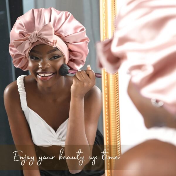 YANIBEST Silk Bonnet for Sleeping Women Satin Bonnet Double Layer Satin Lined Hair Bonnet with Tie Band Curly Hair Blush Pink - Image 4