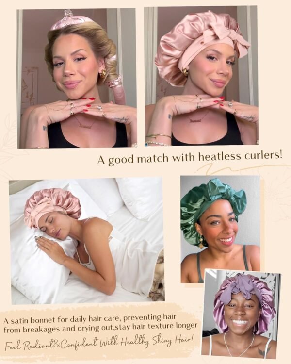 YANIBEST Silk Bonnet for Sleeping Women Satin Bonnet Double Layer Satin Lined Hair Bonnet with Tie Band Curly Hair Blush Pink - Image 5