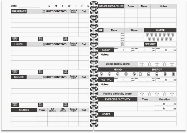 🌿 B5 Diabetes Log Book (6.9" x 9.8") – Comprehensive Blood Sugar & Health Tracker | Track Glucose, Carbs, Calories, Medications, Water Intake, Fasting, Blood Pressure & Sleep | 248 Pages, Spiral-Bound – Immunity, Bone & Wellness Support - Image 2