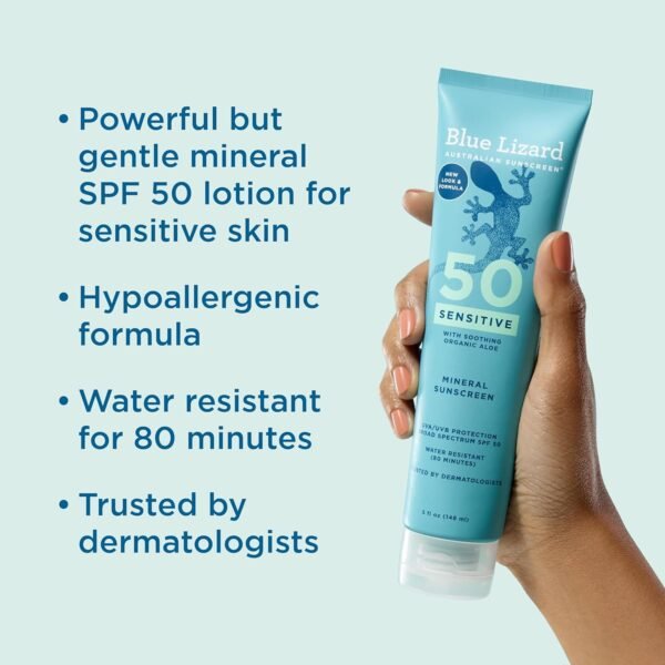 🌿 BLUE LIZARD Sensitive Mineral Sunscreen with Zinc Oxide 50+ Water Resistant UVAUVB Protection with Smart Cap Technology Fragrance Free, Sensitve, SPF 50 - - Tube, Unscented, 5 Fl Oz – Immunity, Bone & Wellness Support - Image 2
