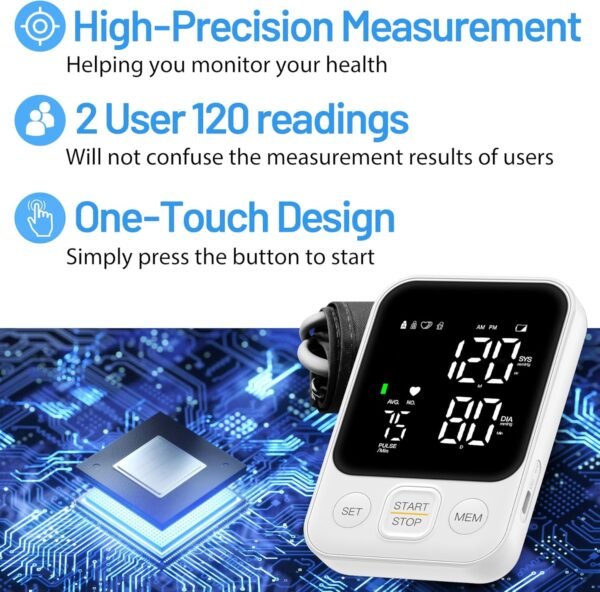 Blood Pressure Monitor Upper Arm Machine Accurate Adjustable Manual BP Cuff Kit Led Backlit Display 2 Users 240 Sets Memory Includes Storage Bag White - Image 2