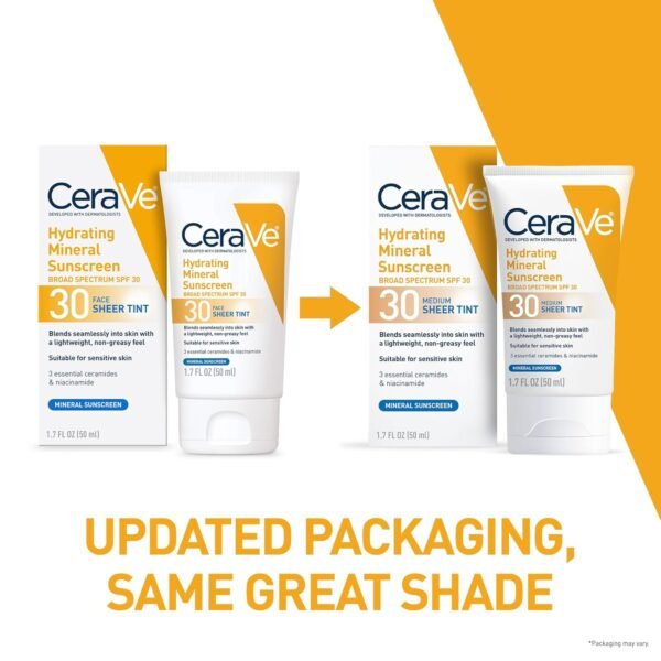 🌿 CeraVe Hydrating Mineral Sunscreen SPF 30 with Sheer Tint, Tinted Mineral Sunscreen with Zinc Oxide & Titanium Dioxide, Blends Seamlessly For Healthy Glow, Medium, 1.7 Fluid Ounce – Immunity, Bone & Wellness Support - Image 2