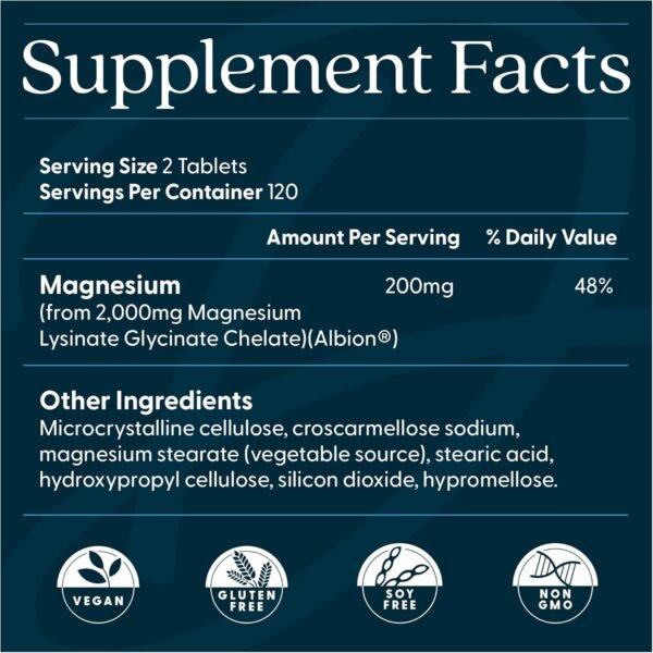 Doctor’s Best High Absorption Magnesium Glycinate Lysinate Supplement - 100% Chelated for Maximum Absorption - Magnesium for Sleep and Muscle Relaxation - 200 Mg Per Serving - 240 Tablets - Image 2
