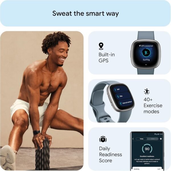 🌿 Fitbit Versa 4 Fitness Smartwatch with Daily Readiness, GPS, 24/7 Heart Rate, 40+ Exercise Modes, Sleep Tracking and more, Waterfall Blue/Platinum, One Size (S & L Bands Included) – Immunity, Bone & Wellness Support - Image 2