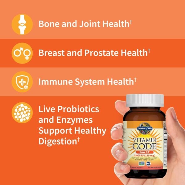 🌿 Garden of Life Vitamin D3 5000 IU, Raw Whole Food Supplements with Chlorella, Fruit, Veggies & Probiotics for Bone & Immune Health, 60 Vegetarian Capsules – Immunity, Bone & Wellness Support - Image 2