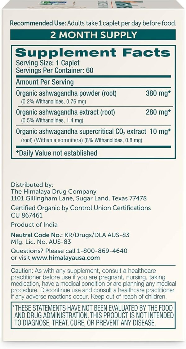 Himalaya Organic Ashwagandha, 60 Day Supply, Herbal Supplement for Stress Relief, Energy, Occasional Sleeplessness, Additive Free, Organic, Non-GMO, Vegan, Gluten Free, 670 mg, 60 Caplets - Image 2