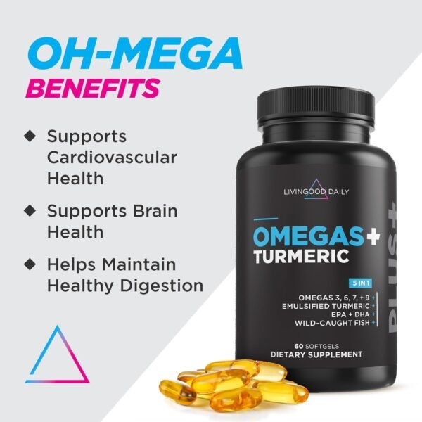 🌿 Livingood Daily Triple Omega 3 6 9 Supplement Plus Turmeric Curcumin, DHA & EPA, Fish Oil Supplements for Brain & Heart Health and Joint Support, Advanced Absorption, Gluten Free, Non GMO, 60 Softgels – Immunity, Bone & Wellness Support - Image 2