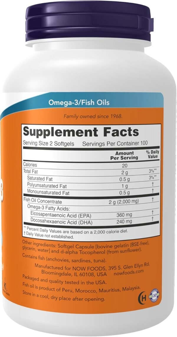 NOW Foods Supplements, Omega-3 180 EPA / 120 DHA, Molecularly Distilled, Cardiovascular Support*, 200 Softgels - Image 2
