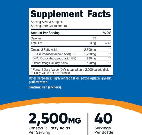 Nutricost Omega 3 Fish Oil - 2500MG, 120 Softgels (40 Serv) - Fish Oil, Wild Caught! 1200mg EPA 850mg DHA - Non-GMO, Gluten Free - Image 2
