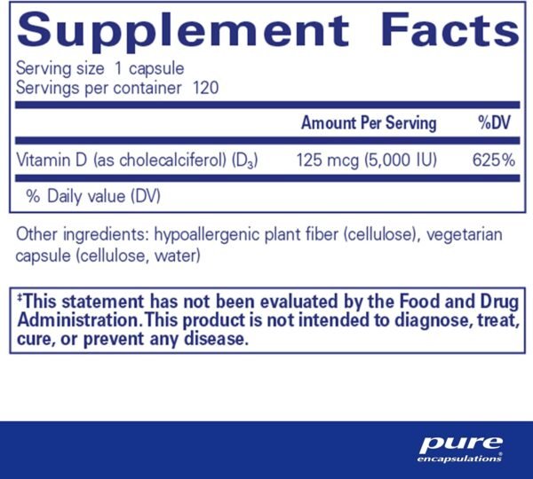 Pure Encapsulations Vitamin D3 125 mcg (5,000 IU) - Supplement to Support Bone, Joint, Breast, Heart, Colon, and Immune Health* - with Vitamin D - 120 Capsules - Image 2